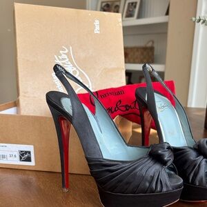 Christian Louboutin Black Satin Peep-Toe Heels